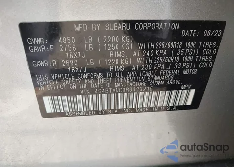2024 Subaru Outback Limited from USA, damaged, VIN 4S4BTANC9R3123215